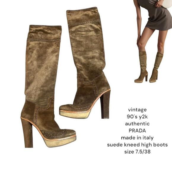 90's y2k vintage authentic Prada Brown Suede Knee‎ high boots size 7.5 us - Picture 1 of 8